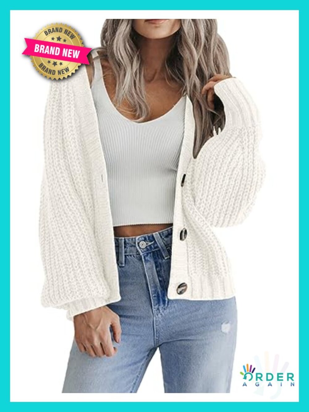 Chunky Knit V-Neck Button Cardigan Long Sleeve Cropped Sweater